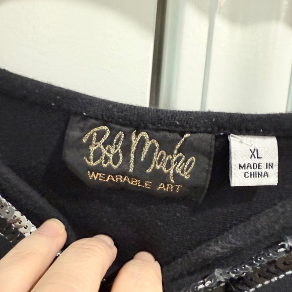 Bob Mackie Women's 1980s XL Flirty Sequin Top Dynasty Disco Black Silver Retro - Picture 4 of 6